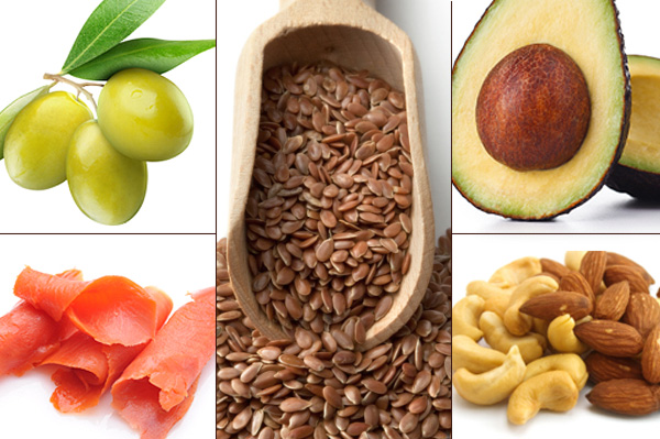 Nahrungsquellen für gutes Fett - Avocado, Nüsse, Lachs, Oliven und Leinsamen