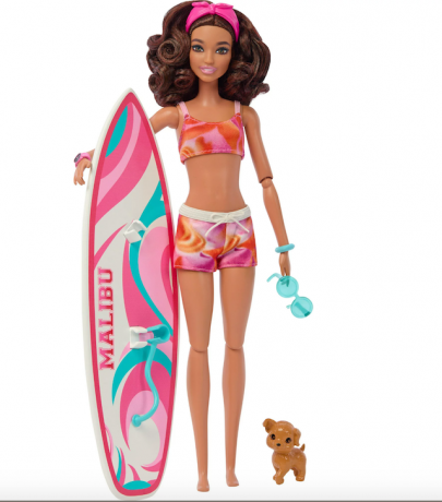 Barbie-Puppe mit Surfbrett und Welpe