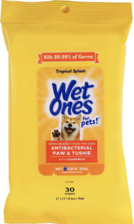 Wet Ones antibakteeriset tassun ja Tushie Tropical Splash -tuoksuiset koiranpyyhkeet