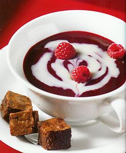 Zupa wirowa malinowo-białej czekolady z grzankami brownie