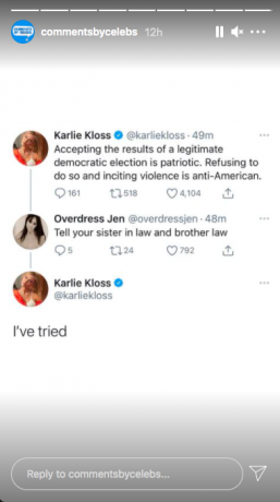 Celebs Instagram 스토리의 댓글: Karlie Kloss는 Ivanka Trump의 댓글에 " 나는 시도했습니다" 라고 응답합니다.