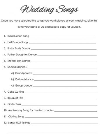 Malé věci upřednostňují kontrolní seznam svatebních písní