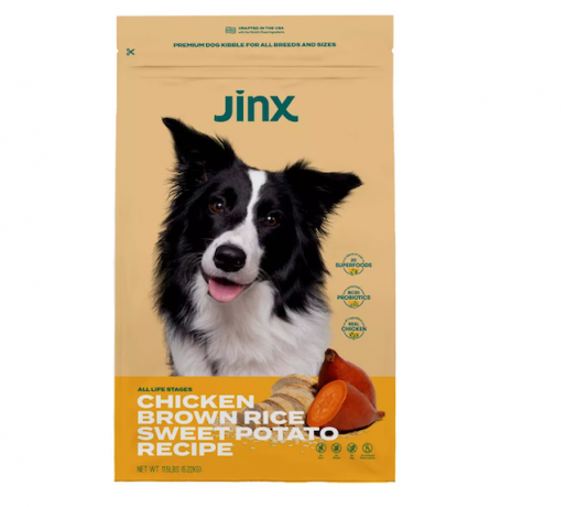 Jinx ქათმის ყავისფერი ბრინჯის მარცვლები და ტკბილი კარტოფილის მშრალი ძაღლის საკვები ჩანთა