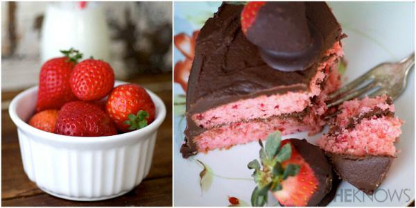 Erdbeerkuchen mit Brownie-Frosting und schokoladenüberzogenen Erdbeeren