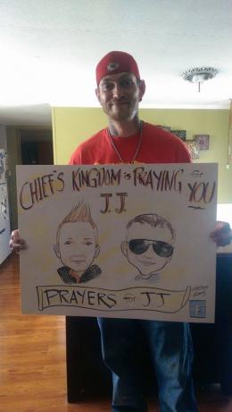 Noah Kauffman med Prayers för J.J. skylt