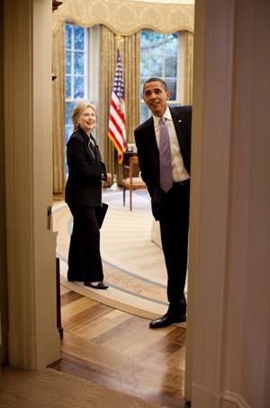 Hillary Clinton en Barack Obama in het Witte Huis