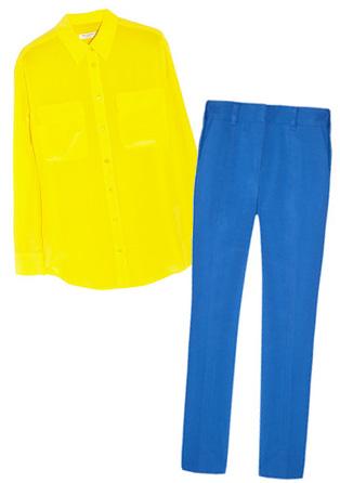 Električni rumeni svileni gumb navzdol in hlače Reed Krakoff svetlo modre barve