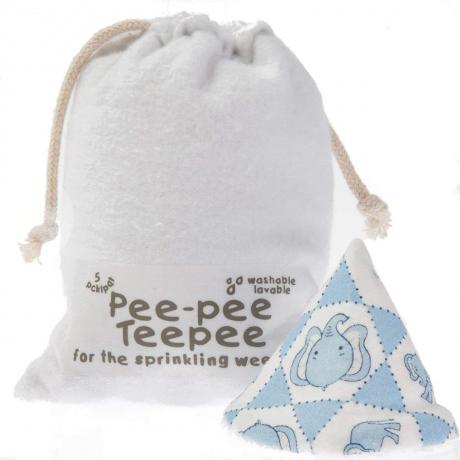 Stressverlichtende producten voor nieuwe ouders: Pee-pee Tipi in olifantsblauw en waszak