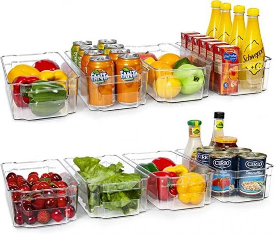 פחי ארגונית למקרר HOOJO - 8 יחידות פחי פלסטיק שקופים למקרר, מקפיא, ארון מטבח, ארגון ואחסון מזווה, ארגונית מקרר ללא BPA, אורך 12.5 אינץ'